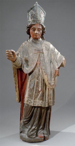 Saint Evêque en bois sculpté et polychrom