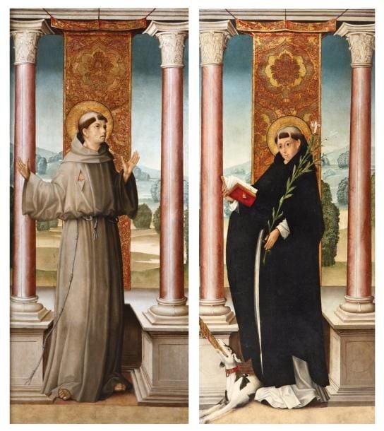 Saint François en extase dans un paysage architecturé Saint Dominique en méditation tenant la palme du martyr dans un paysage architecturé Deux huiles et fond d'or guilloché, sur panneau de retable parqueté (nombreuses restaurations) 151 x 66,7 cm chaque La paire: Les deux saints sont représentés en pied devant une draperie de brocart doré formant un dais suspendu à une architecture reposant sur deux colonnes cylindriques classiques à chapiteaux corinthien