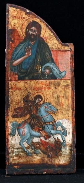 Saint Jean Prodomos et Saint Georges terrassant le dragon, l'aile gauche d'un triptyque Grèce, XIXe siècle, patine, usure et petits manques 26 x 11 cm