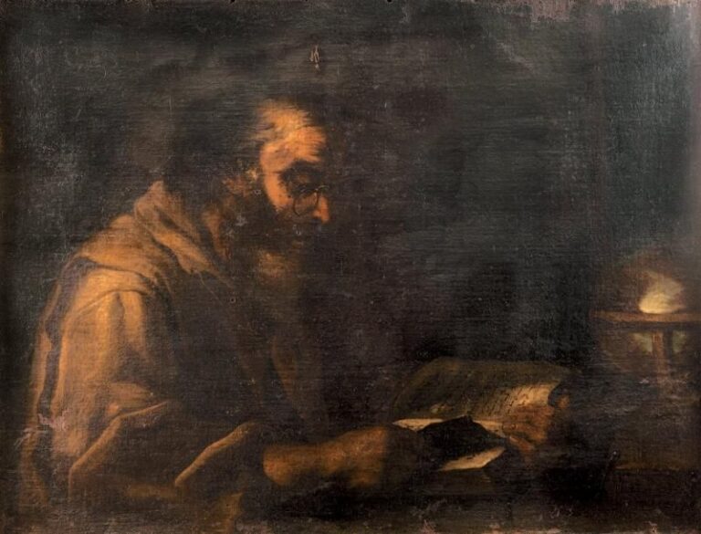 Saint Jérôme dans son cabinet Huile sur toile (quelques usures et manques) 66,5 x 86 cm