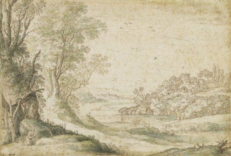 Saint Jérôme ermite dans un paysage Plume et encre, aquarelle sur papie