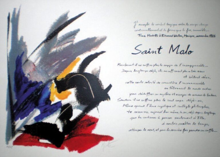 Saint Malo 5 sérigraphies illustrées par le poéte Jiri Kostelecky Les 5 planches sont signées et numérotées 10/75 par Miotte Et la cinquième, contresignée par Kostelecky 42 x 59 cm