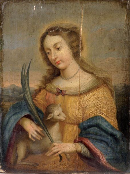 « Sainte Agnès » Panneau préparé portant la marque du panneleur Melchior de Bout (Fente renforcée)