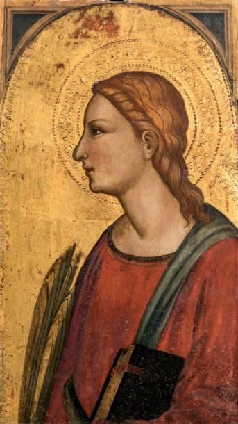 Sainte Catherine de profil gauche portant la palme du martyr