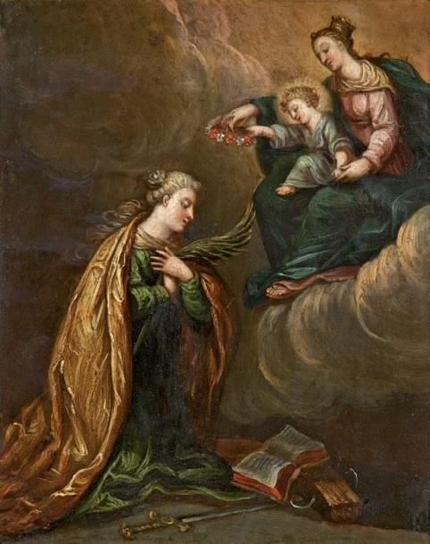 Sainte Catherine martyre en prière devant la Vierge à l'Enfant dans les nuées Huile sur cuivr