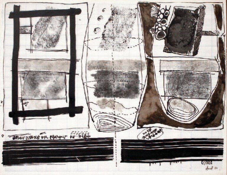 « Sans titre , 1960 » Encre de chine, gouache et crayon sur papier d'architecte Signé et daté en bas à droite 56,5 x 43 cm