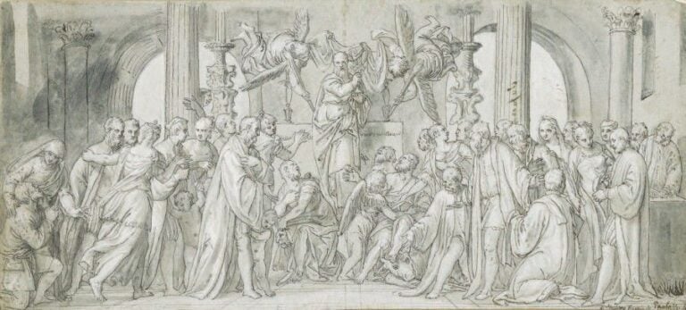 (?) Scène allégorique Plume, lavis gris et rehauts de blanc sur papier préparé ble