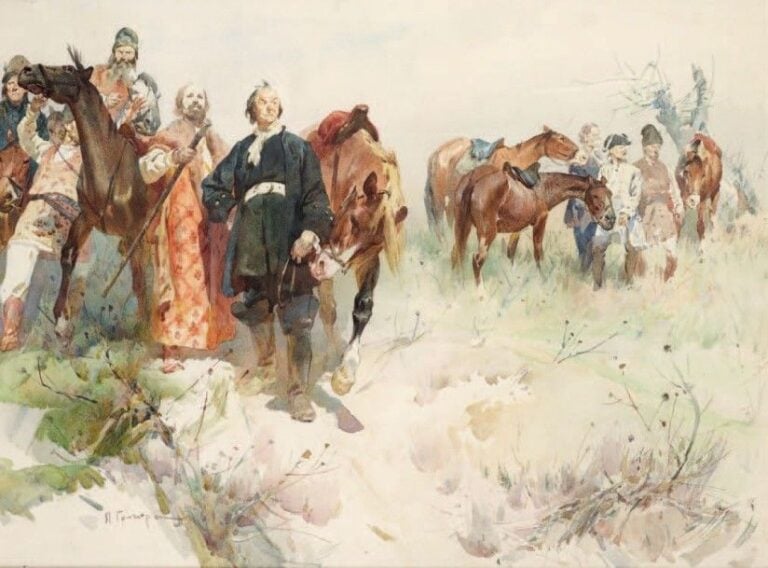 Scène animée avec Pierre Le Grand Aquarelle, signée en en bas à gauche 44,5 x 60 cm