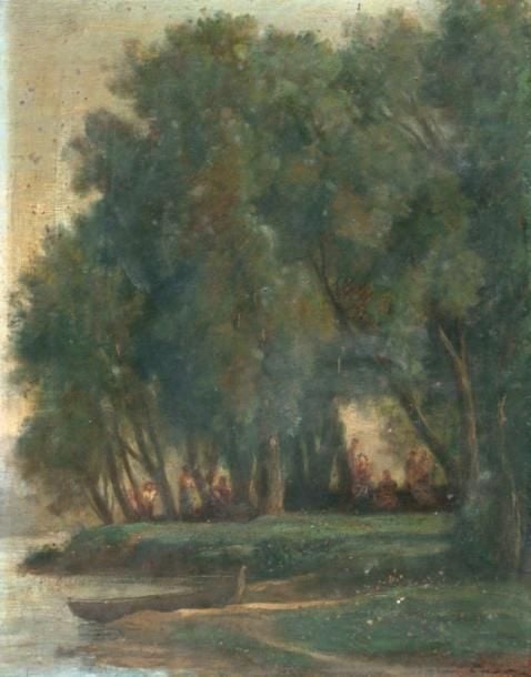 «Scène champêtre dans un sous-bois au bord d'une rivière» Huile sur carton (sans cadre) Signé en bas à droite: