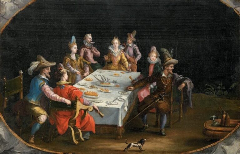 «Scène de banquet» Huile sur panneau (renforcé au verso) mise à l'ovale avec des grisailles dans les écoinçons (sans cadre) 25 x 39 cm
