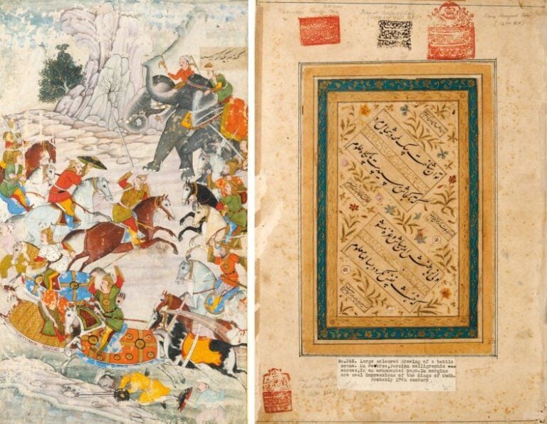 SCÈNE DE BATAILLE Deux armées, composées de quatorze cavaliers, armés de sabres et de lances et deux mahout à dos d'éléphant, se livrent bataille ; certains, désarçonnés, gisent blessé