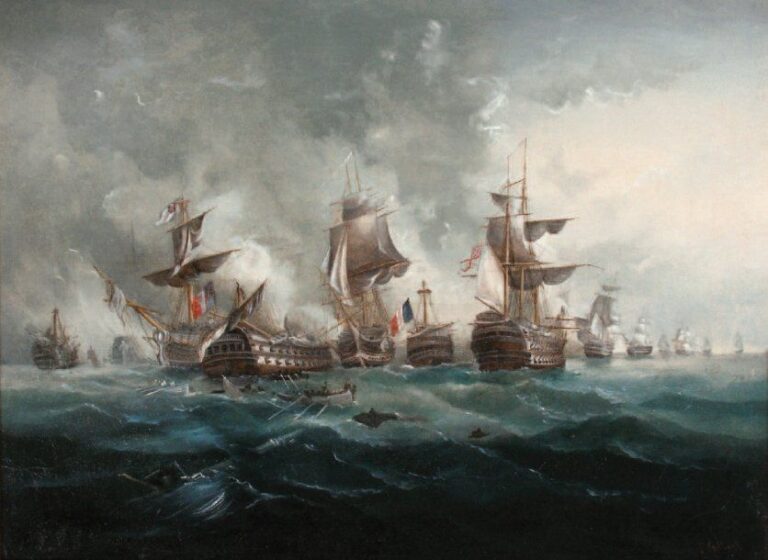 « Scène de bataille navale franco-anglaise début XIXe siècle » Huile sur toile, signée en bas à droit