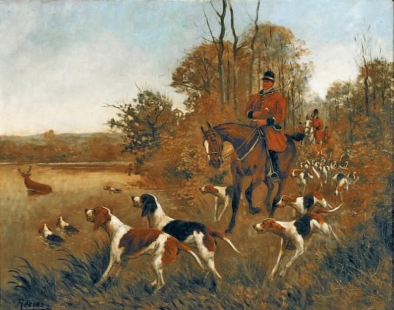 Scène de chasse à courre: le bat -l'eau Huile sur toile signée en bas à gauche 65 x 81 cm