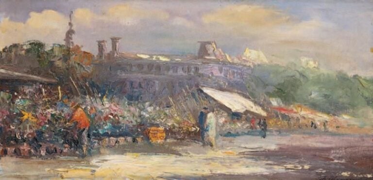 Scène de marché à la ville Huile sur toile, signée en bas à droite 22 x 45 cm