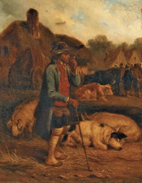 SCÈNE DE MARCHÉ : FUMEUR DE PIPE ET SES COCHONS Huile sur panneau Signée en bas à gauche datée 1838 23,5 x 18,5 cm