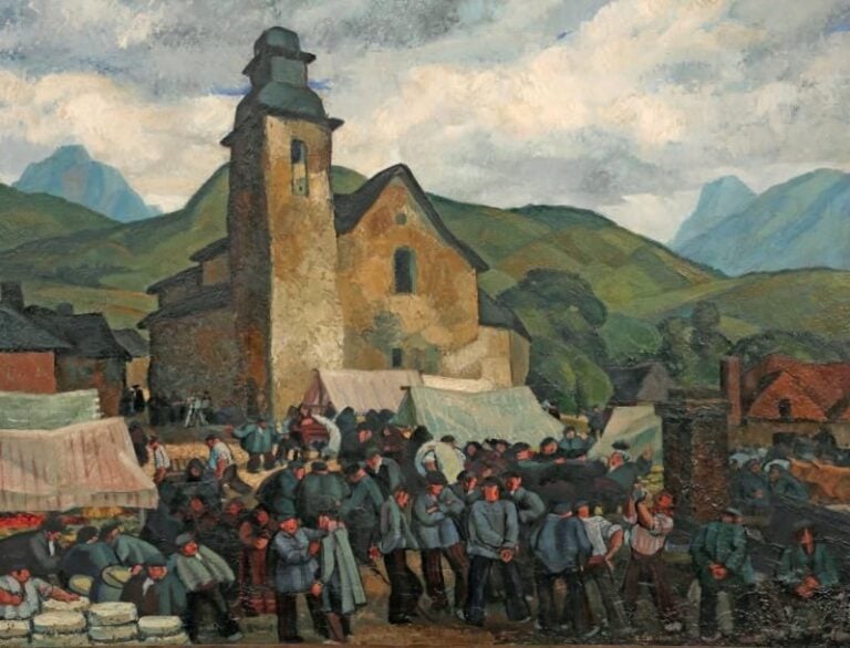 «SCÈNE DE MARCHÉ» Huile sur panneau d'isorel, signée en bas à droite 100 x 120 cm