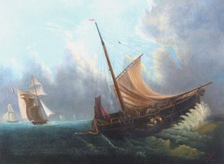 «Scène de pêche par gros temps» Huile sur toile signée en bas à droite (réentoilée