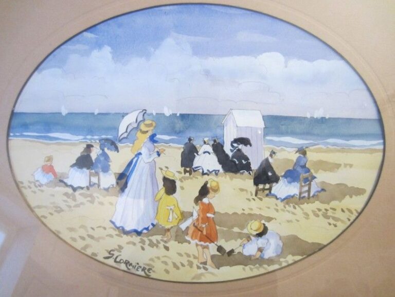 «Scène de plage» Aquarelle à vue ovale, signée en bas à gauche 28 x 38 cm Cadre chêne: 56 x 66 cm