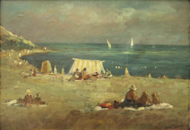 Scène de plage Huile sur panneau, signée en bas à droite 45 x 65 cm