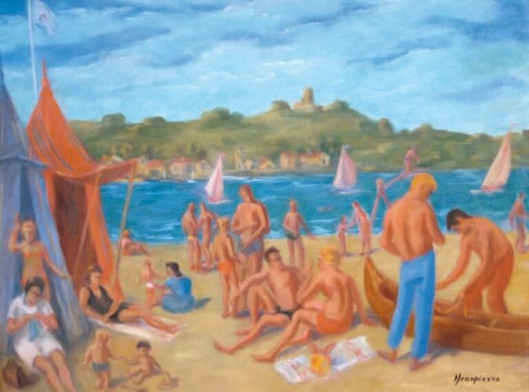 Scène de plage Huile sur toile 61 x 50 cm