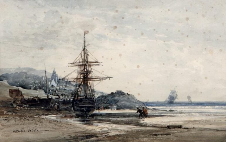 Scène de port à marée basse dans le golfe du Morbihan Aquarelle gouachée (taches), signée en bas à gauch