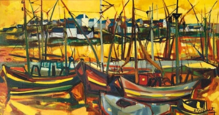 Scène de port en Bretagne Huile sur toile, signée en bas à droite 74 x 140 cm