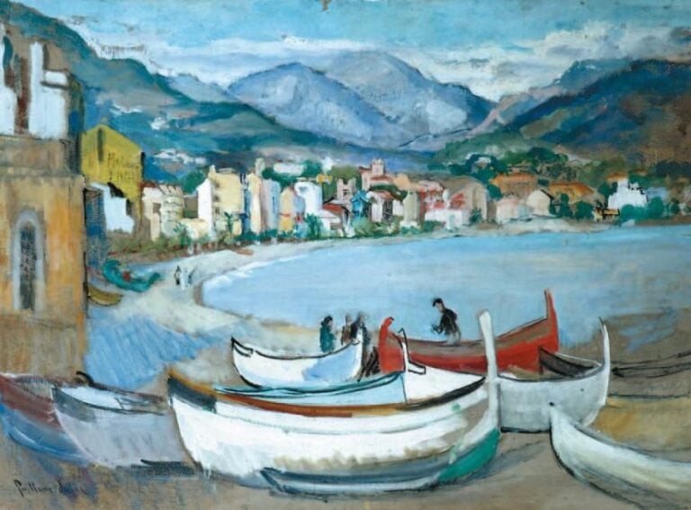 Scène de port Huile sur panneau, signée en bas à gauche 53 x 70 cm