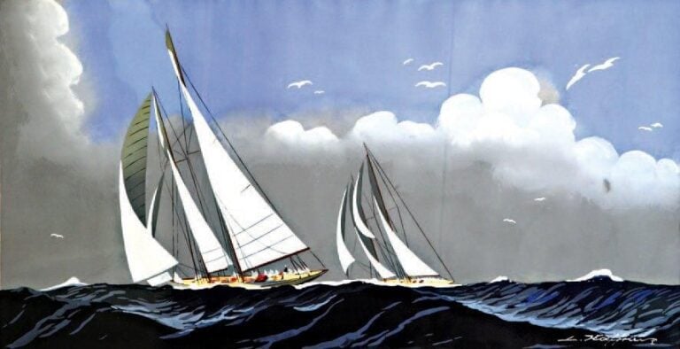 « Scène de régate » Gouache au pochoir signée en bas à droit