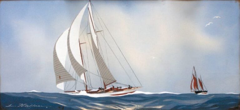« Scène de régate » Gouache au pochoir, signée en bas à gauch