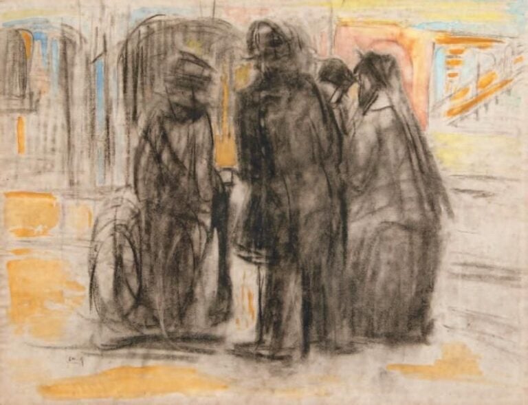 SCÈNE DE RUE Aquarelle et fusain, signé des initiales en bas à gauche 47 x 61 cm