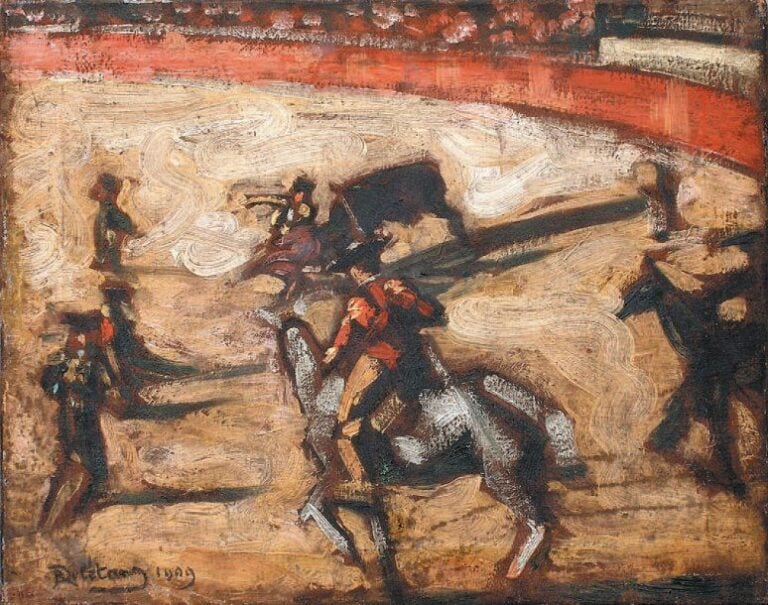Scène de tauromachie Huile sur toile, signée en bas à gauche et datée 1909 33,5 x 41,5 cm