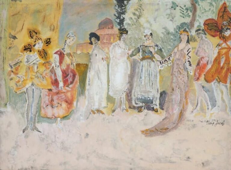 Scène de théâtre, personnages costumés Aquarelle, signée en bas à droite vers le milieu 24 x 32,5 cm (à vue)