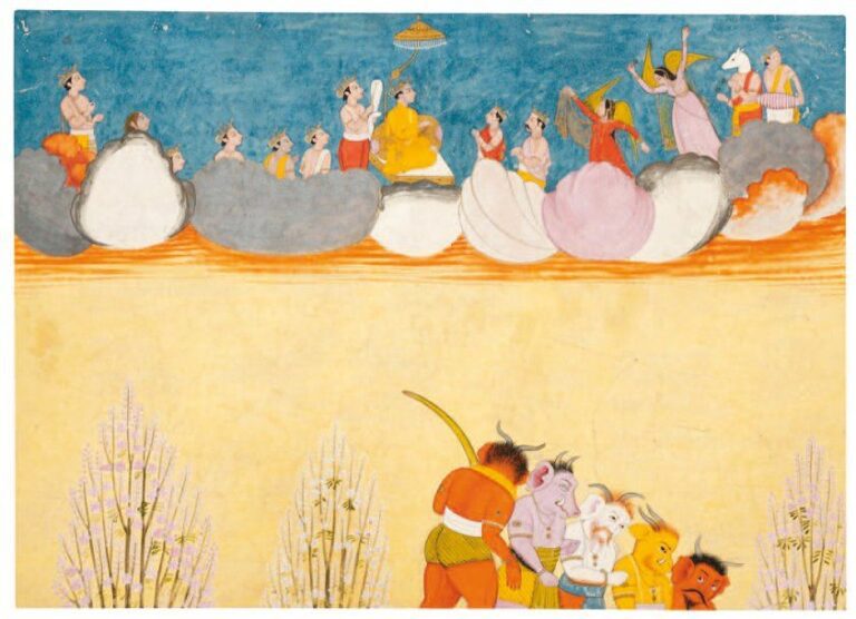 SCÈNE DU DEVI MAHATMYA Au premier plan apparaissent sur fond jaune clair cinq démons, sous une multitude de personnages se détachant sur un ciel bleu foncé parmi des nuage