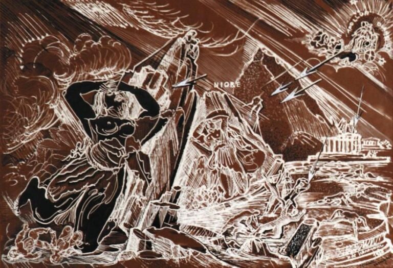 Scène mythologique, Niobé - 1938 Héliocopie avec rehauts d'encre noire et de gouache blanche 39 x 56 cm