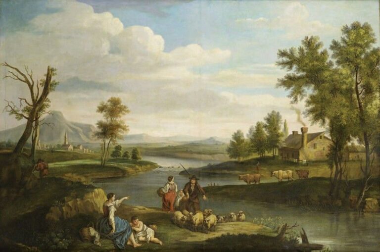 Scène pastorale au bord d'une rivière Huile sur toile en deux lés (restaurations