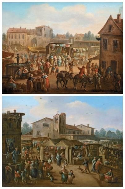 Scènes de marché avec des échoppes, animé de personnages Deux huiles sur panneau préparé, non parqueté, formant pendants Porte une ancienne étiquette avec des numéros 4855 et 4856 au verso, et des cachets de cire rouge Chaque: 14,2 x 19 cm La paire: