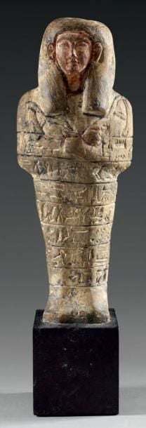 Shaouabti portant les instruments aratoires en relief ainsi que la longue perruque tripartite liss