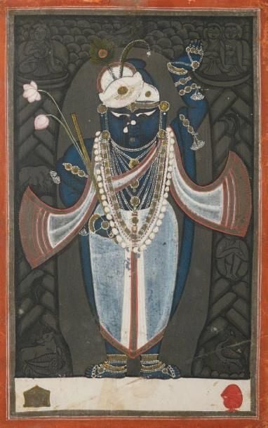 Shrinathji Pigments sur papier Inde, Rajasthan, Probablement Nathdwara, XIXe siècle 25 x 16 cm La représentation de Krishna sous sa forme Shrinathji est celle de Krishna enfan