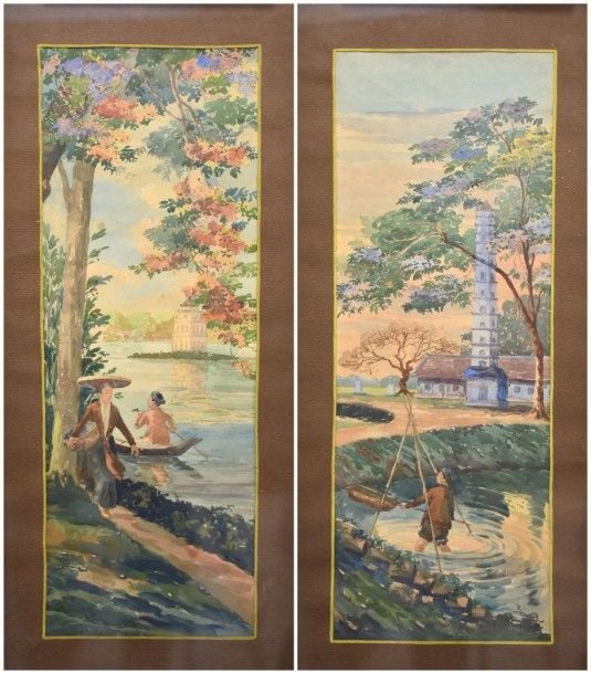 SIGNÉE Vues de Hué Paire d'aquarelles sur papier, pendants L'une signée en bas à droite 63 x 23 cm (chaque)