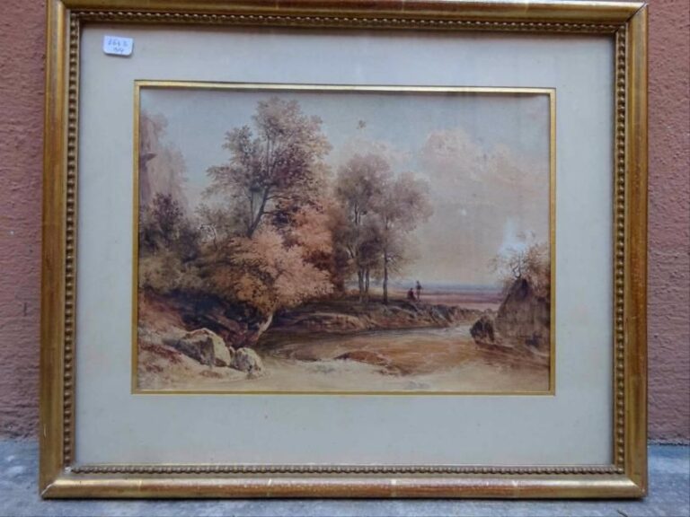 Siméon FORT (1793-1861) Deux bergers au bord de la rivière Aquarelle sur papier Signée et datée en bas à droite: 1843 20 x 27 cm (à vue) (rousseurs)
