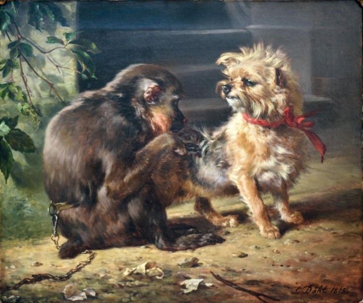 Singe épouillant un Yorkshire, 1865 Huile sur toile, signée et datée en bas à droite 61 x 71 cm