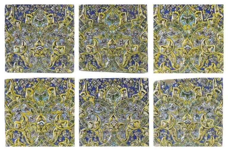 Six carreaux Qadjar à décor de fleurs et d'arabesques Céramique à décor moulé et peint en jaune, bleu, turquoise, vert, rose et noir sous glaçure incolore transparente Iran, XIXe siècle, Epoque Qadjar Hauteur d'un carreau 40; Largeur d'un carreau: 39 cm