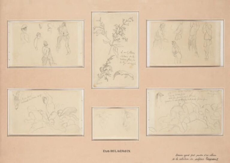 «Six études dont une de fleurs, une de chèvres, deux de cavaliers et deux de personnages» Pierre noire 10 x 16,5 cm (pour quatre); 16,5 x 10 cm (pour une); 7 x 10 cm (pour une) L'ensemble D'après le style et les dimensions, ces études proviennent également de l'«album de cinquante-neuf pages de dessins et croquis» d'Eugène Delacroix (n° 44), vendu à Drouot le 20 décembre 1946 (Drouot, Salles 9 et 10, Me Baudoin