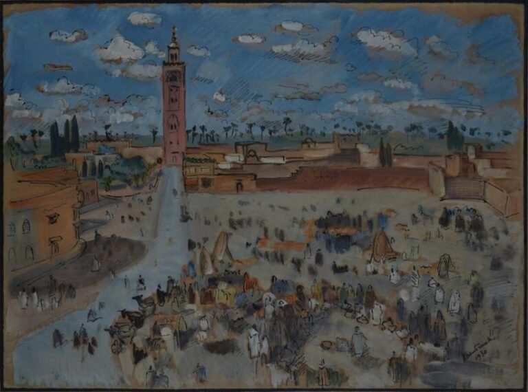 SLOAN Franck "Place animée et minaret" aquarelle gouachée signée en bas à droite et datée 1930 - 18,5x63,5