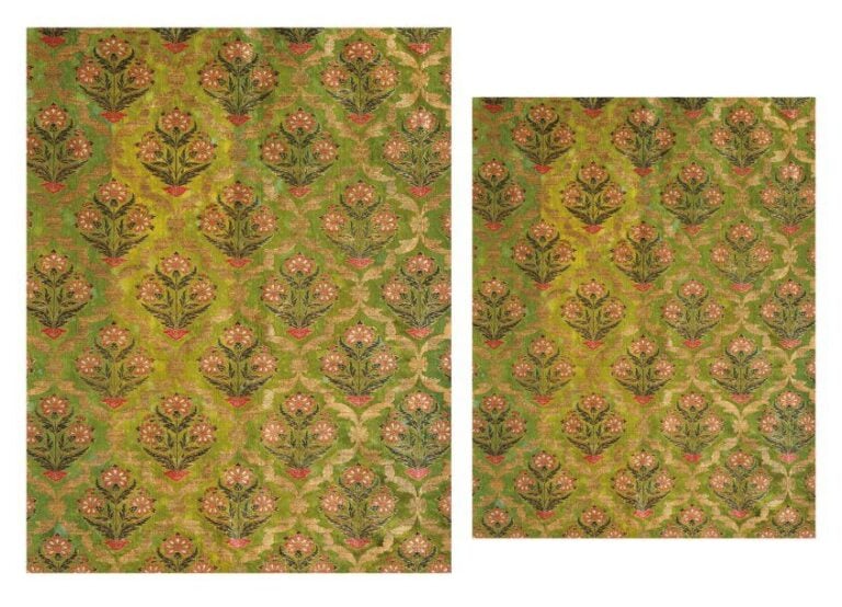SOIERIE À DÉCOR FLORAL Grand panneau de soie brochée verte, composé d'un réseau de vingt-et-un rangs de bouquets disposés en quinconc