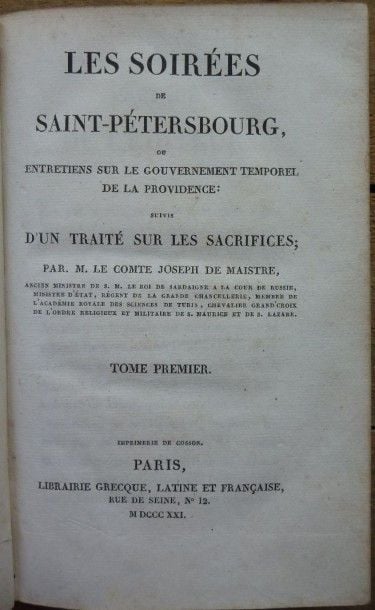 Soirées de Saint Petersbourg Paris, Imprimerie de Cosson, Librairie Grecque, Latine, Française, 182