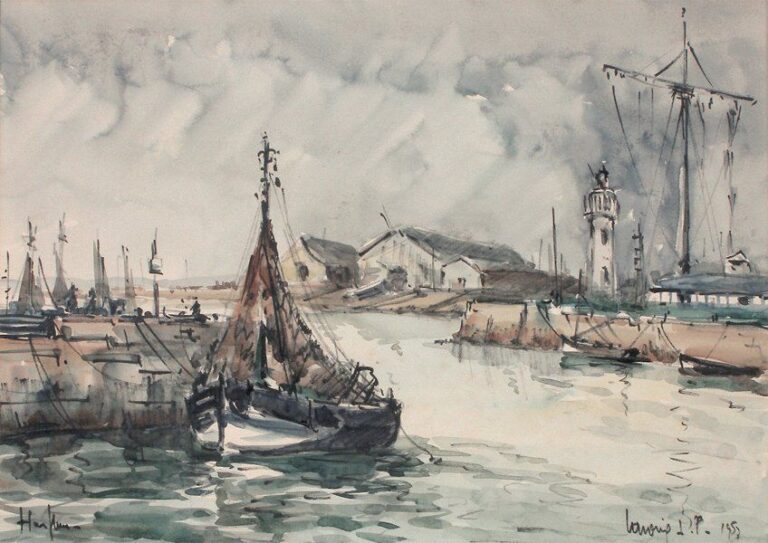 « Sortie du Port de Honfleur » Aquarelle, signée en bas à droite et datée 1953 33 x 46 c