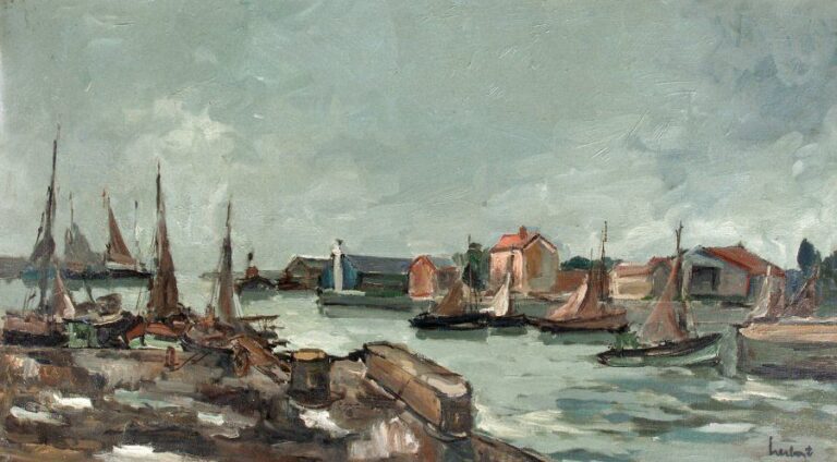 Sortie du port de Honfleur Huile sur toile, signée en bas à droite 45 x 80 cm