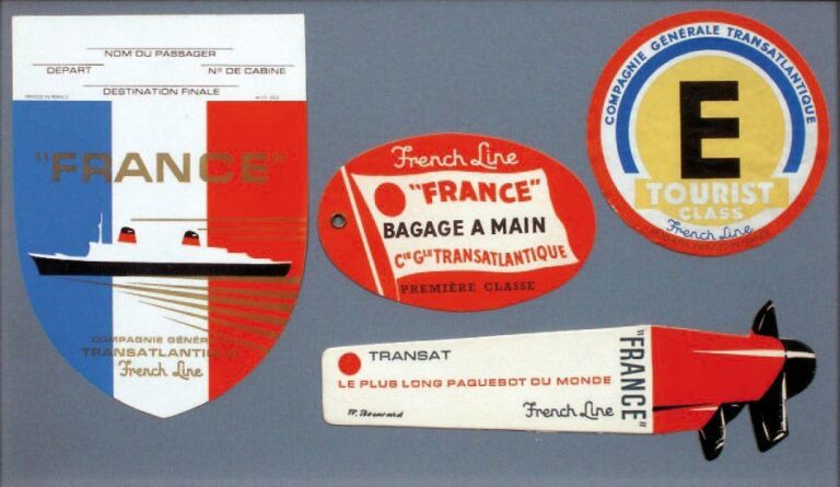SOUVENIRS DU « FRANCE » (1962) - 3 étiquettes de bagage - 1 marque-pag