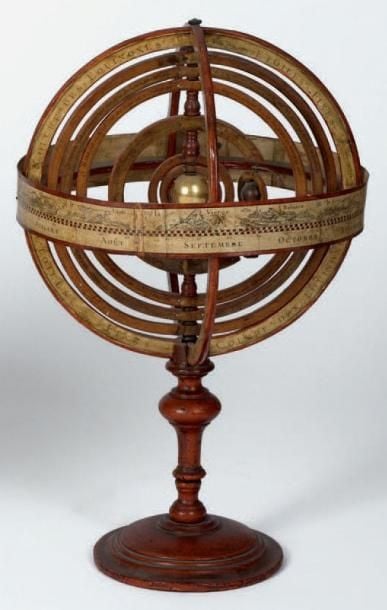 Sphère armillaire bois et carton de type COPERNIC, avec au centre le solei